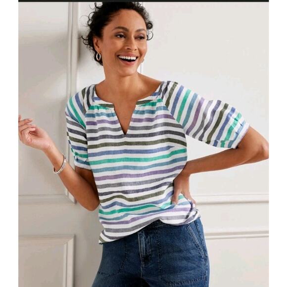 Talbots Tops - Talbots popover top XL 100% linen Elbow sleeve striped colorful beach coastal